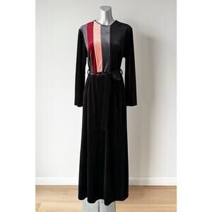 Vtg Accents Velvet Maxi Dress Black Colorblock Stripe Zip Front Belted Boho S/M
